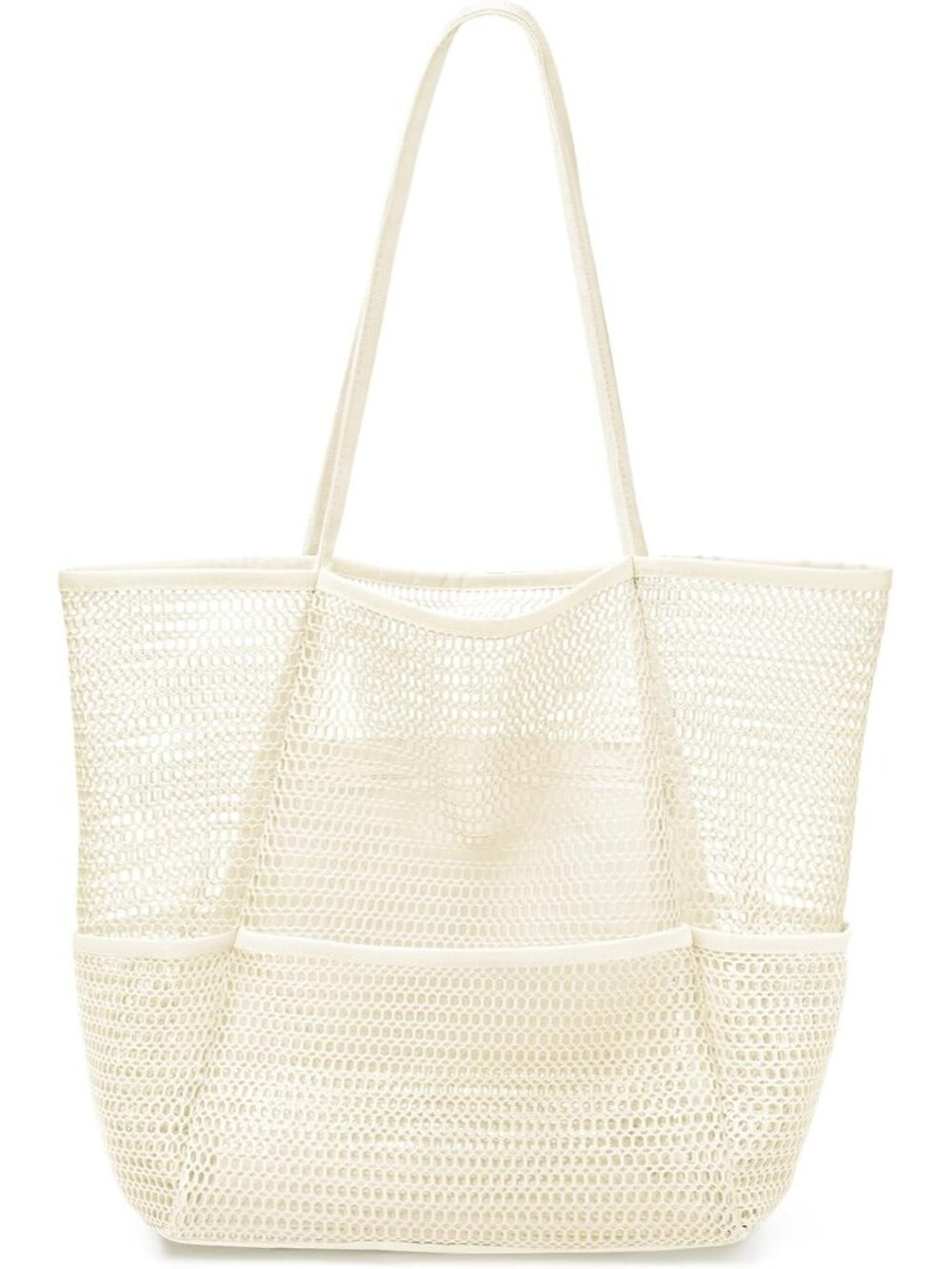 Women's Beige Mesh Beach Tote Bag Large Foldable Swimming Bag with Pockets